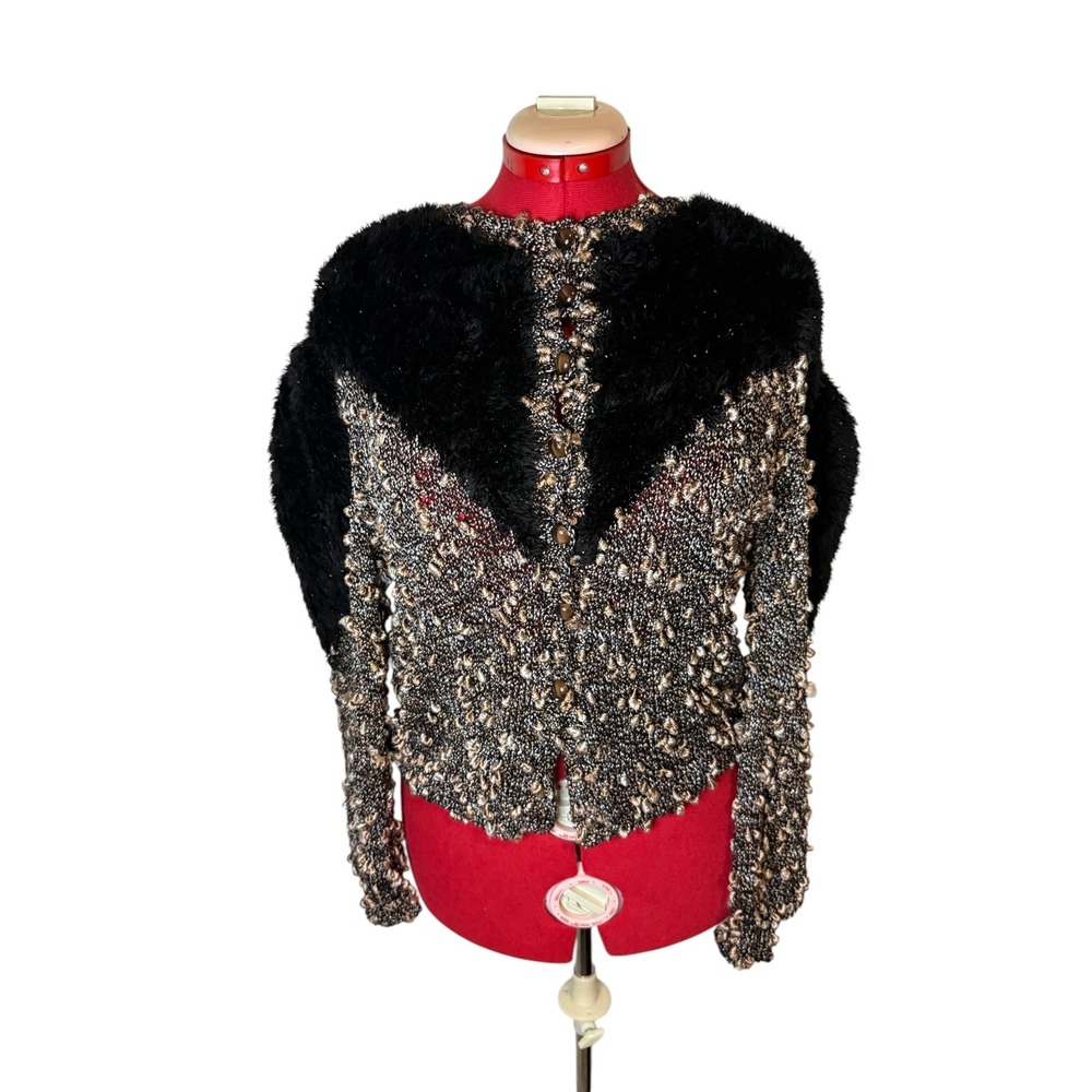 Vintage Textured Faux Fur Maximalist Oak Cardigan Brown Bronze Black Popcorn